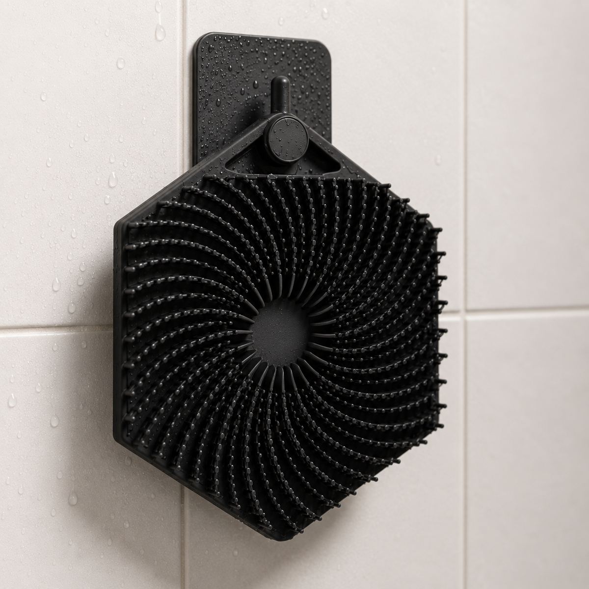 Cepillo exfoliante corporal de silicona Baty colgado en la pared de la ducha