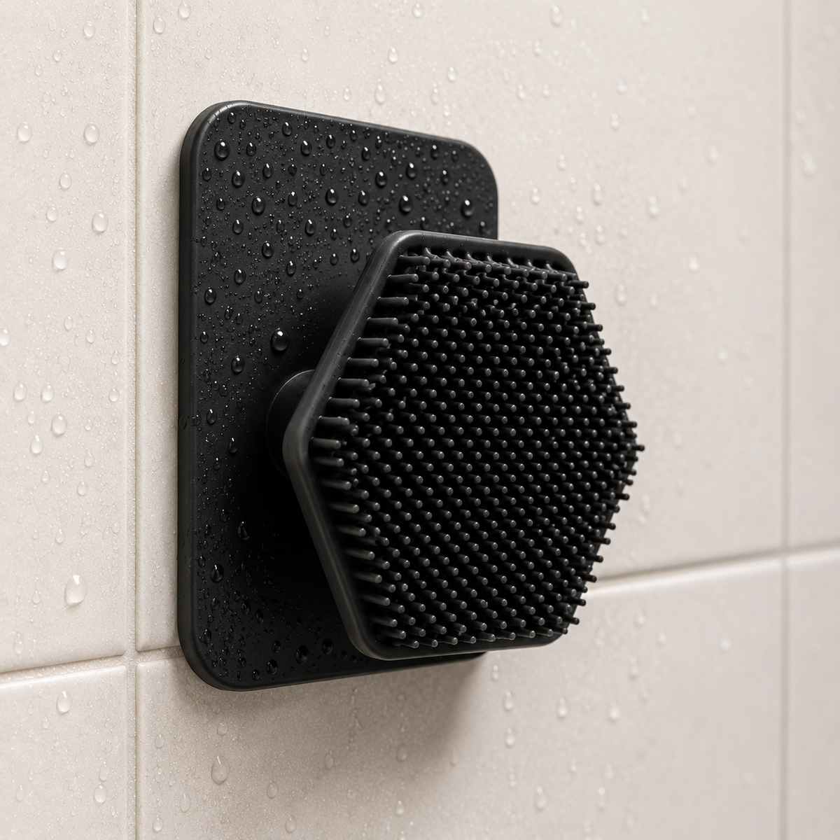 Cepillo facial de silicona Baty para rostro y barba en negro, colgado en la ducha #negro