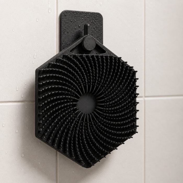 Cepillo exfoliante corporal de silicona Baty colgado en la pared de la ducha